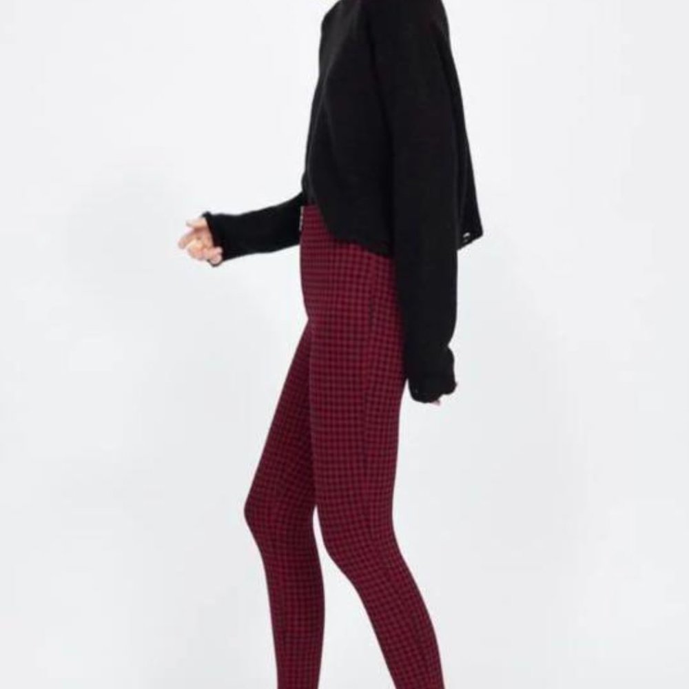 ZARA Red and Black Checked Leggings, Front Zipper, Ankle Length - Picture 6 of 8